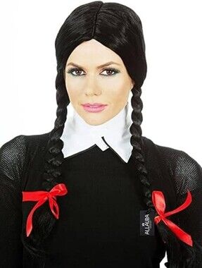 Classic Black Braided Wig with Red Ribbon Accents
